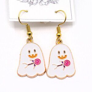 Handmade Enamel Happy Halloween Ghost with Lollipop Dangle Earrings, New